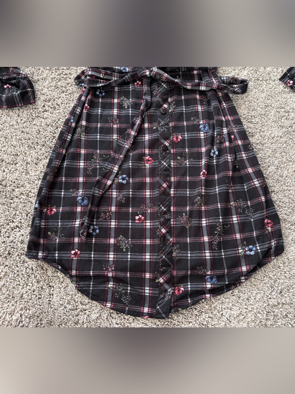 Passport Plaid Floral Dark Cottagecore Tie Waist Button Tunic Shirt/Dress Size S - Picture 7 of 11